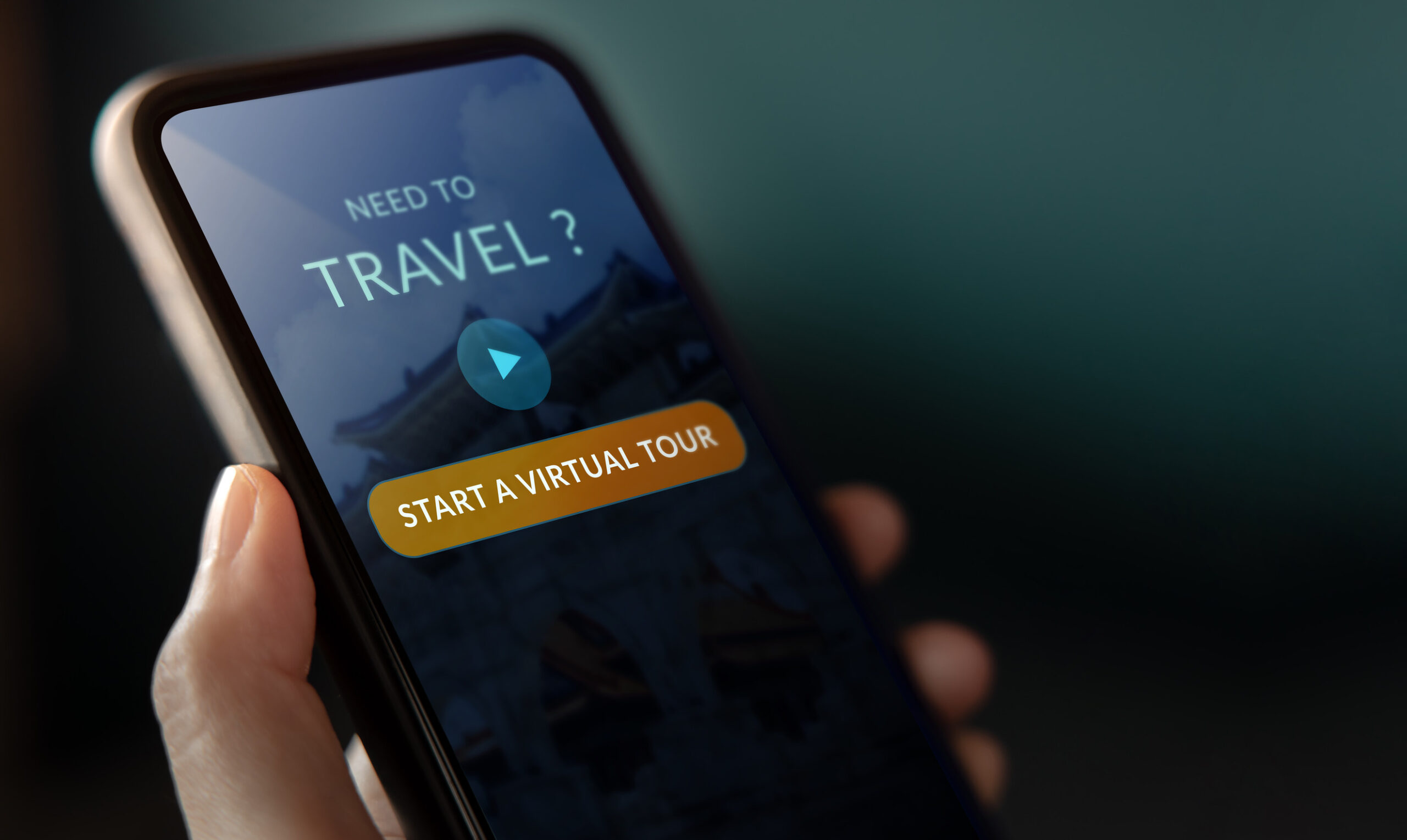 A person explores travel options on their smartphone through virtual tours.